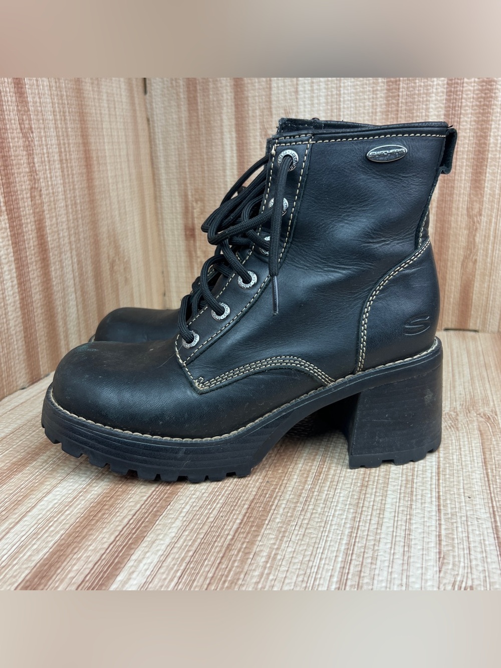 Vintage Skechers Chunky Heel Boots Womens Size 8 Black Lace Up 90s Y2K Combat - Picture 4 of 11